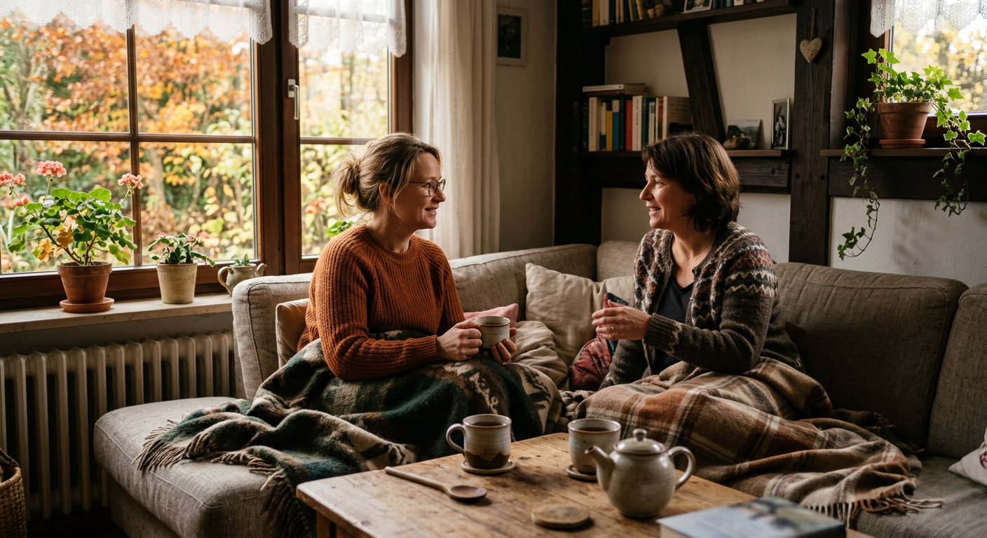 Zwei Frauen im Gespräch auf dem Sofa bei einer Tasse Tee, warmes Herbstlicht