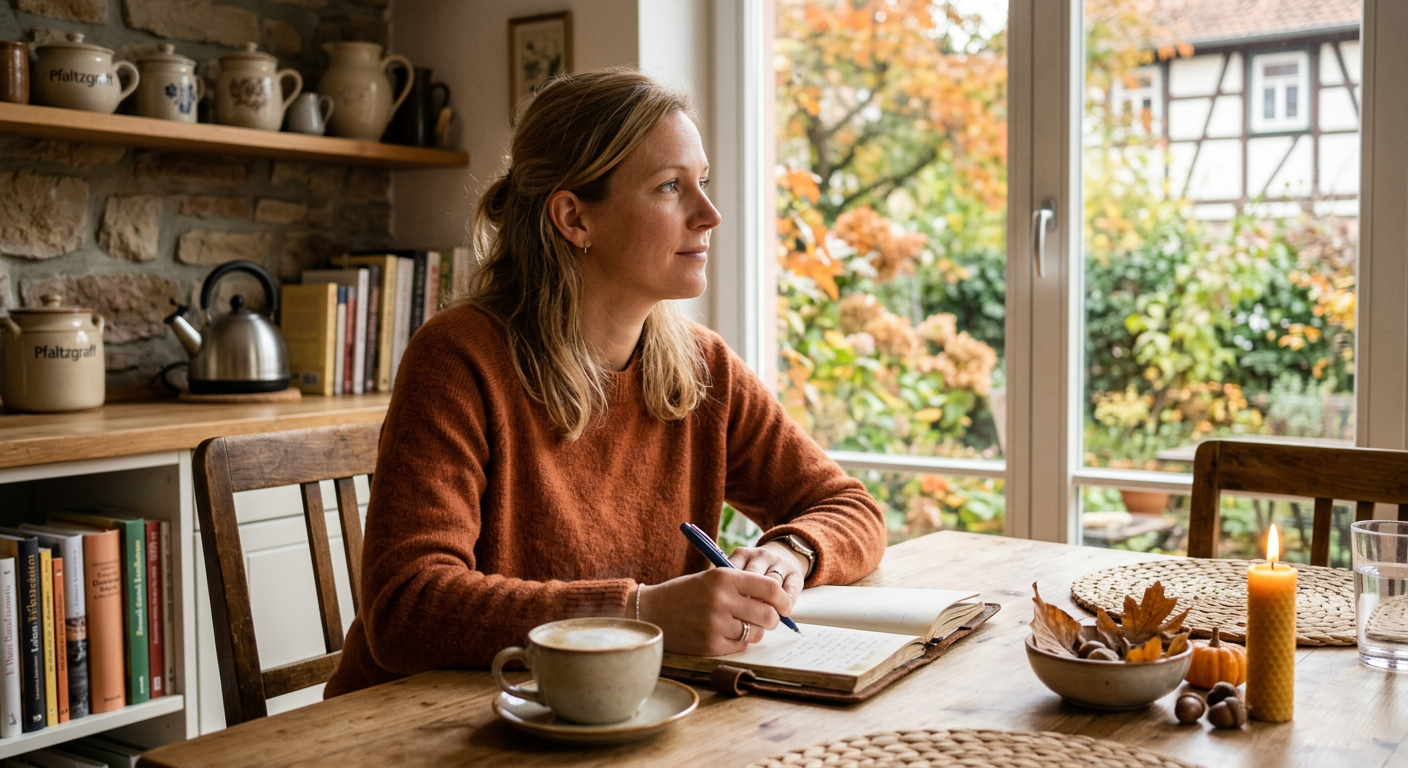 Frau schreibt nachdenklich in ein Journal bei einer Tasse Kaffee am Morgen