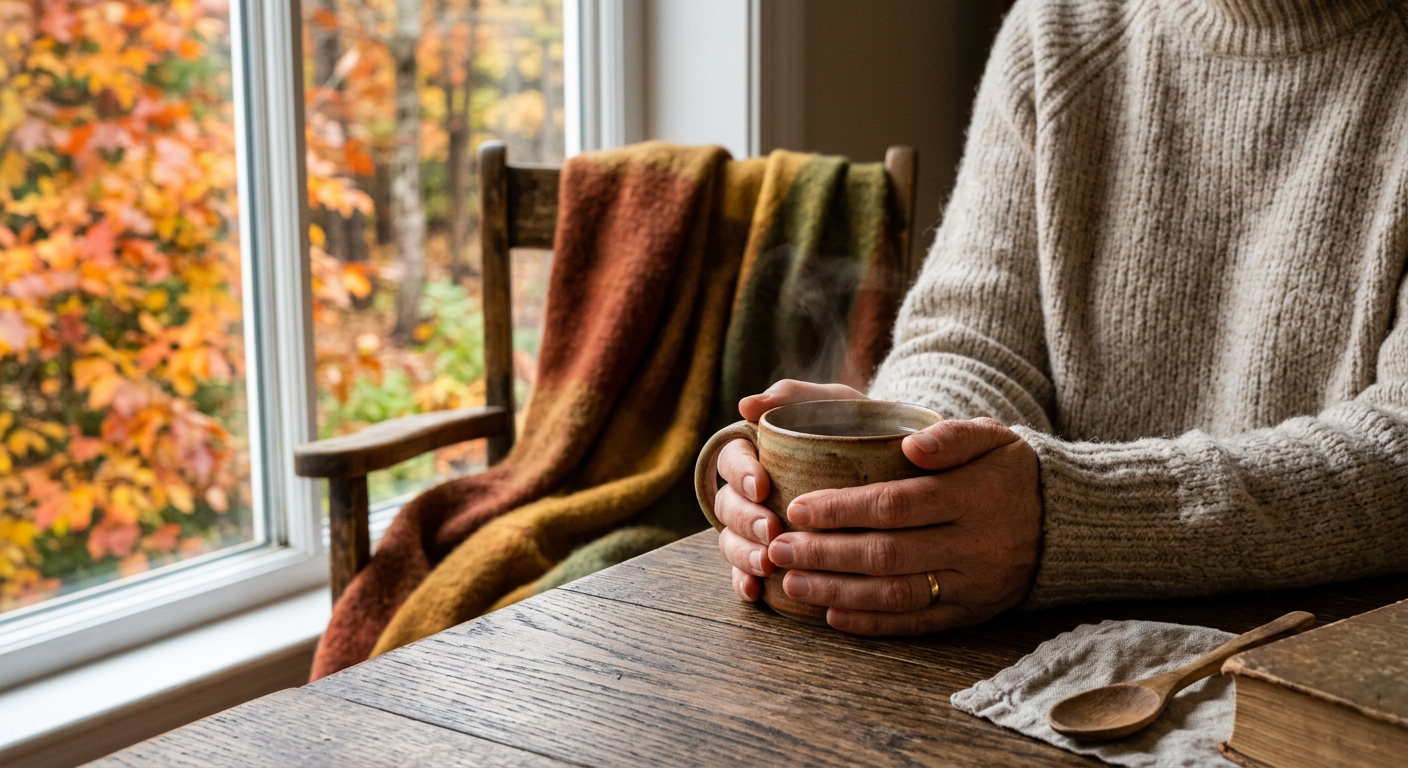 Hände halten eine warme Tasse auf einem Holztisch, Herbstlaub vor dem Fenster