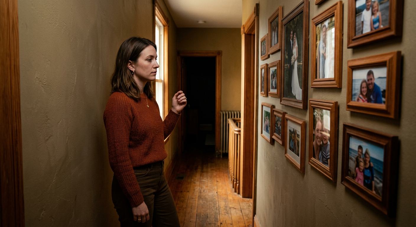 Frau steht im Flur und betrachtet nachdenklich Familienfotos an der Wand