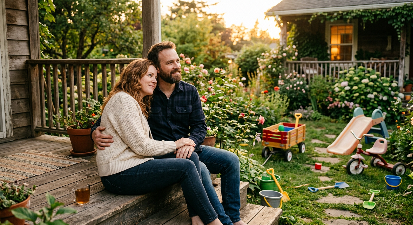 Paar sitzt eng beieinander auf der Verandastufe, Blick in den Garten, Sonnenuntergang