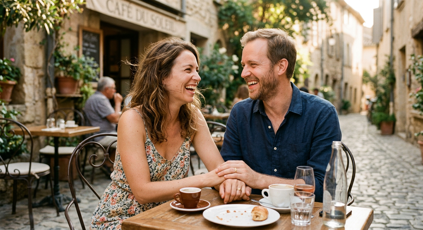 Glückliches Paar sitzt lachend im Café, entspannte Atmosphäre, Sommerlicht