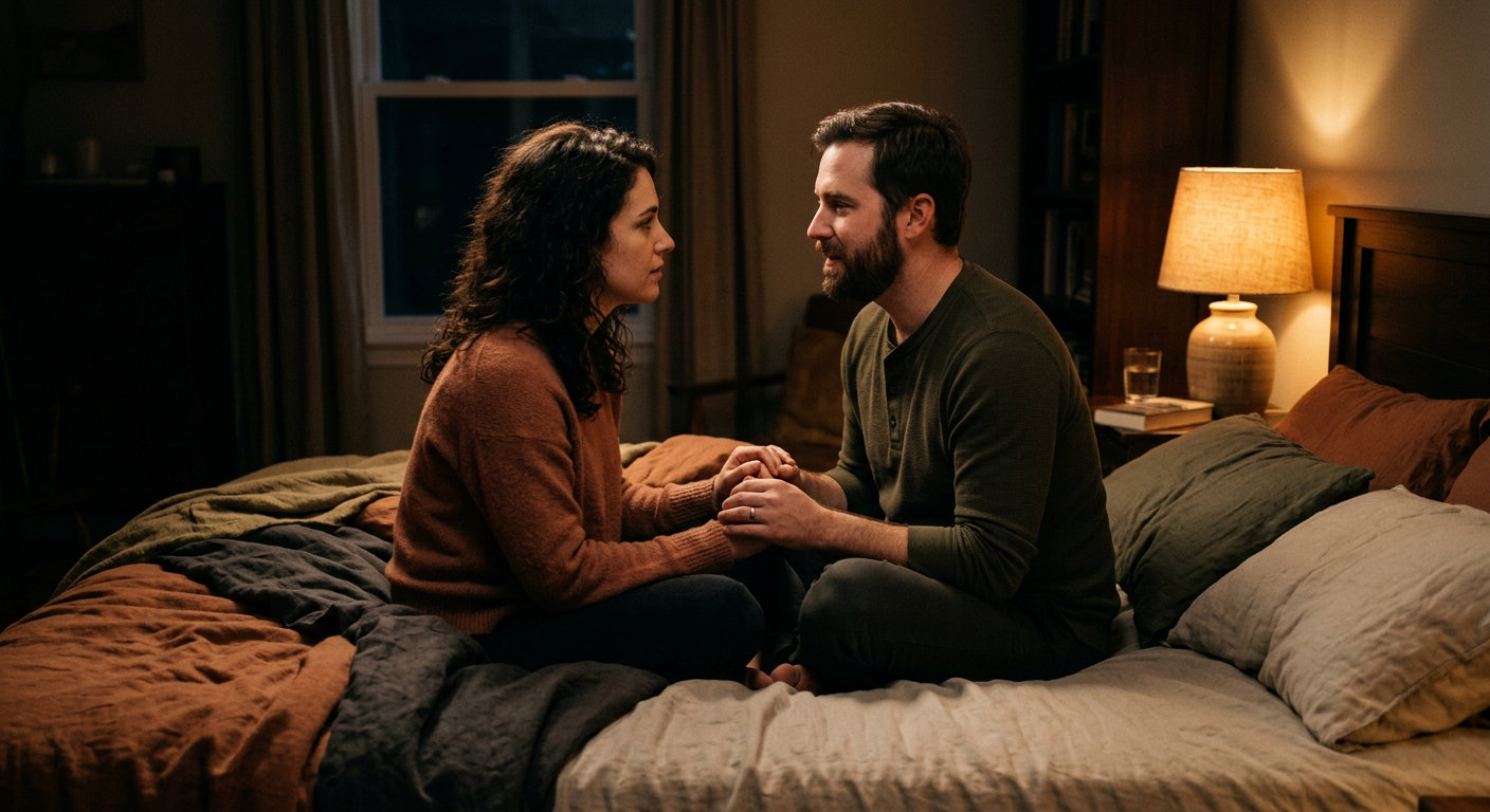 Paar sitzt abends auf dem Bett, tiefes Gespräch bei warmem Lampenlicht