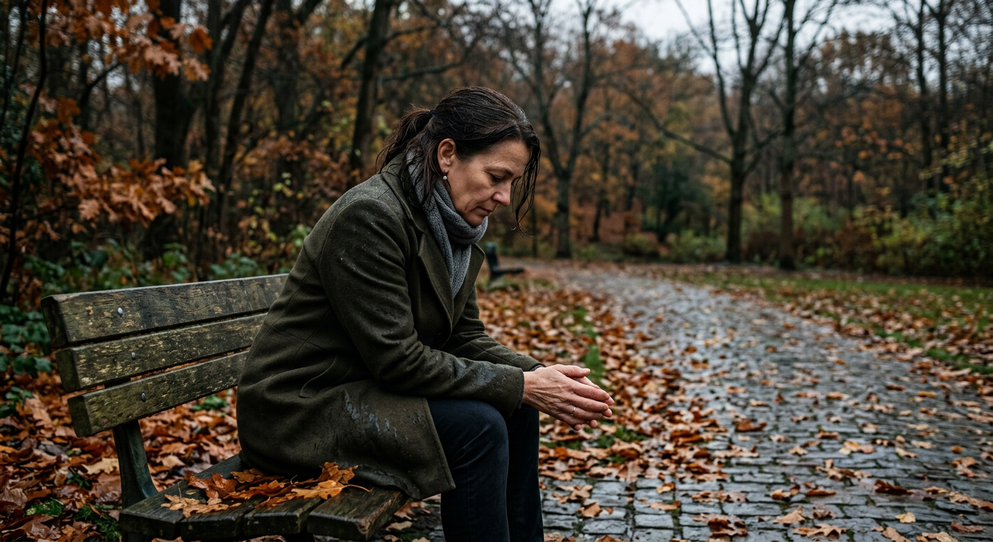 Frau sitzt nachdenklich auf einer Parkbank im Herbst, gefallene Blätter, gedämpftes Licht
