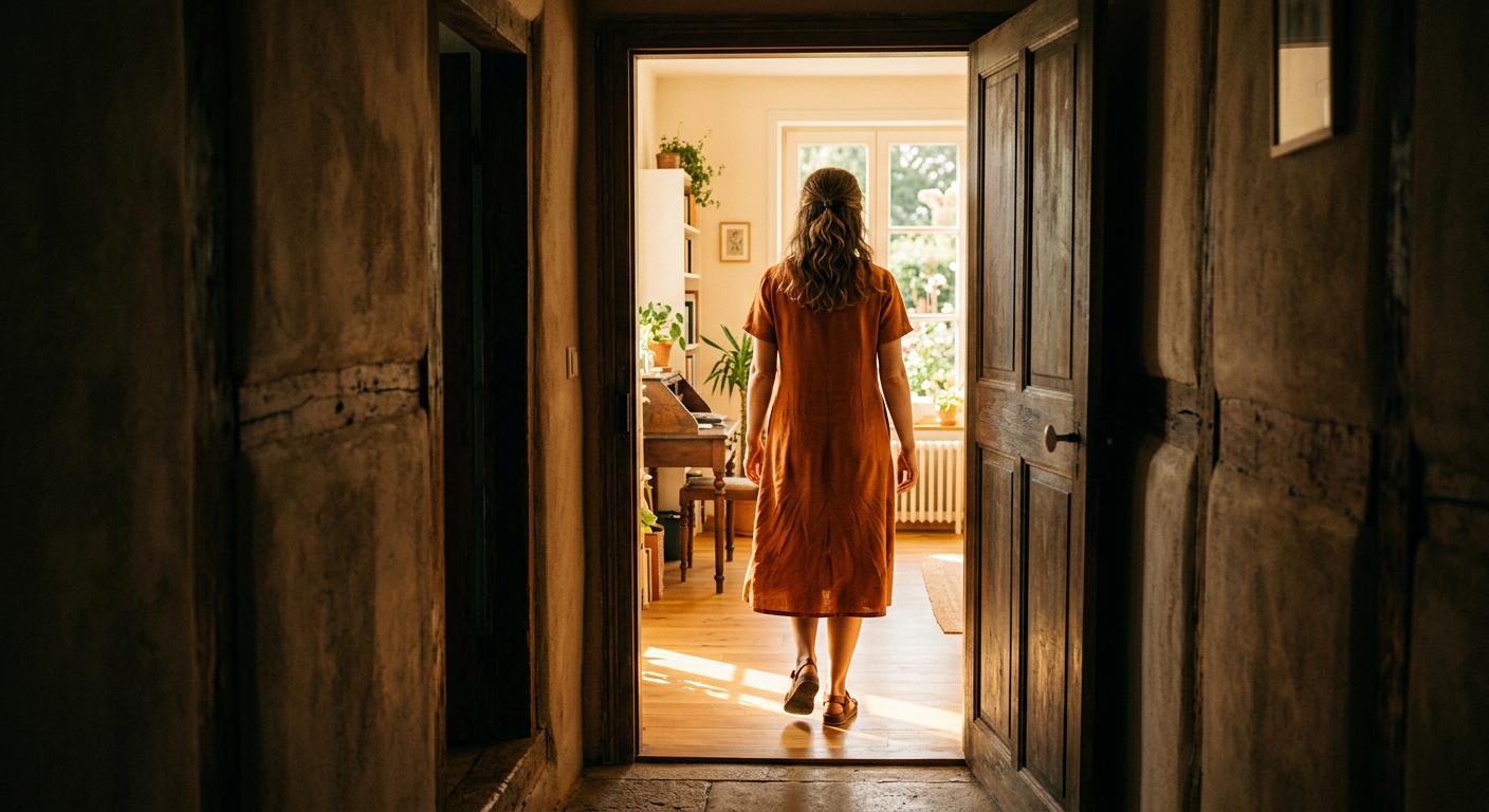 Frau geht durch eine offene Tür in einen sonnendurchfluteten Raum, symbolisch für Neuanfang