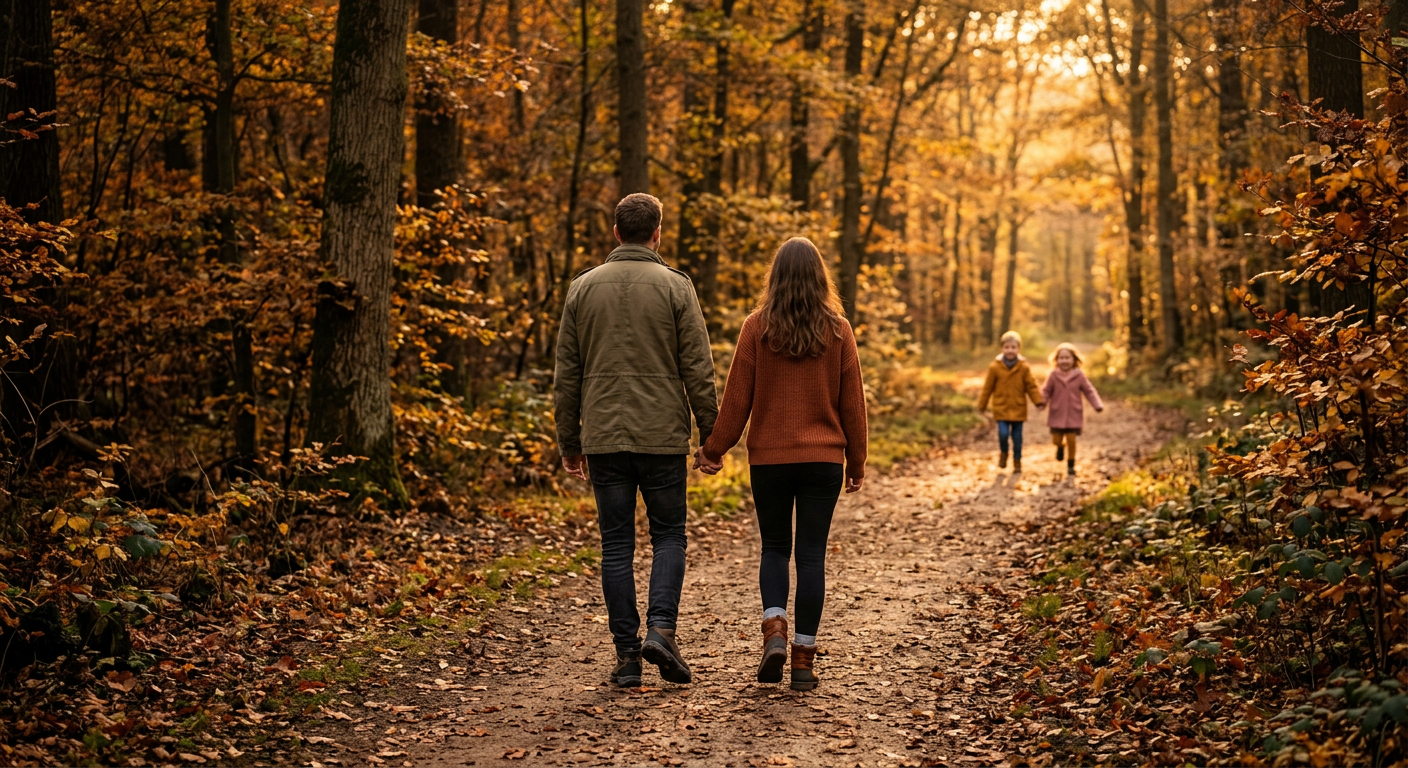 Paar hält Händchen beim Spaziergang im Herbstwald, Kinder laufen voraus