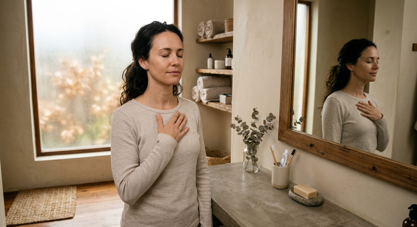 Frau steht vor dem Badezimmerspiegel mit geschlossenen Augen, Hand auf dem Herzen, Morgenlicht
