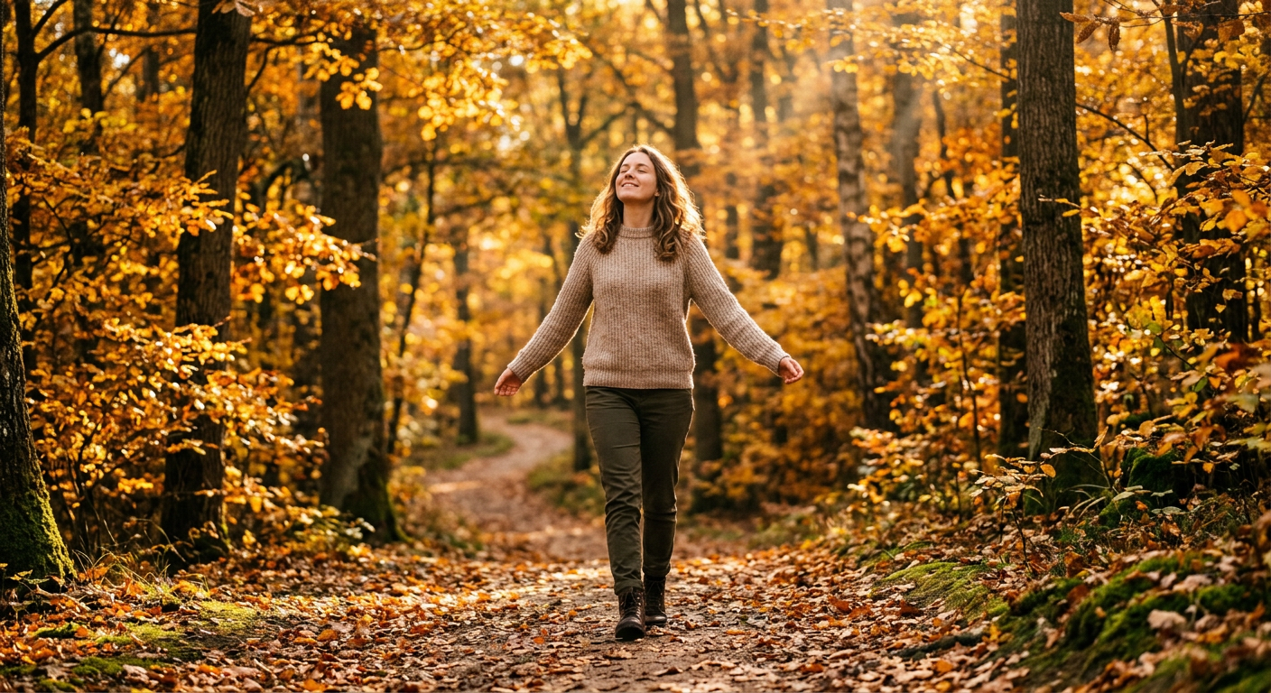 Frau geht allein durch einen herbstlichen Waldweg, Sonnenlicht durch goldene Blätter