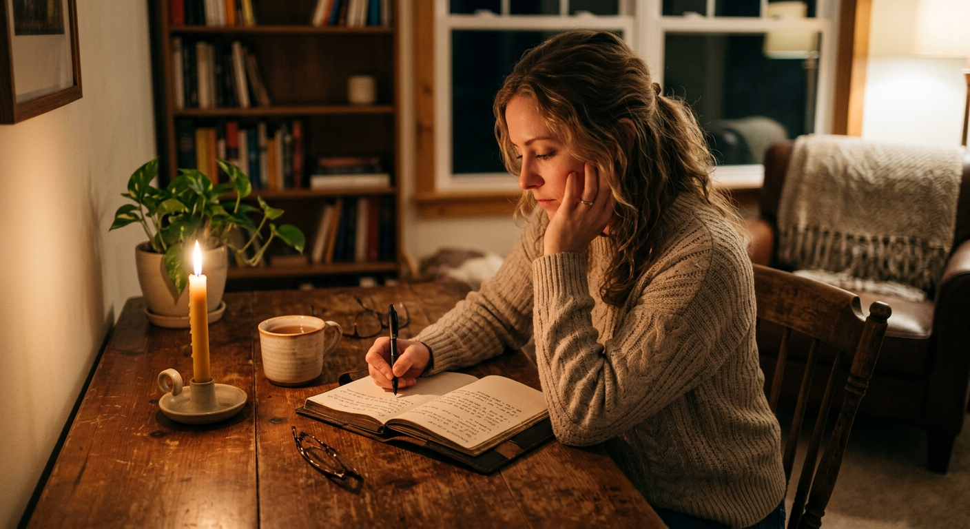 Frau schreibt in ein Journal und verarbeitet ihre Gefühle als Bonusmama
