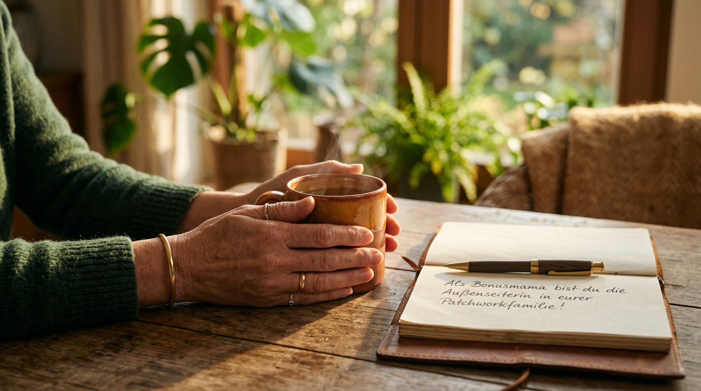 Patchworkfamilie am Esstisch, eine Person sitzt etwas abseits und beobachtet die anderen
