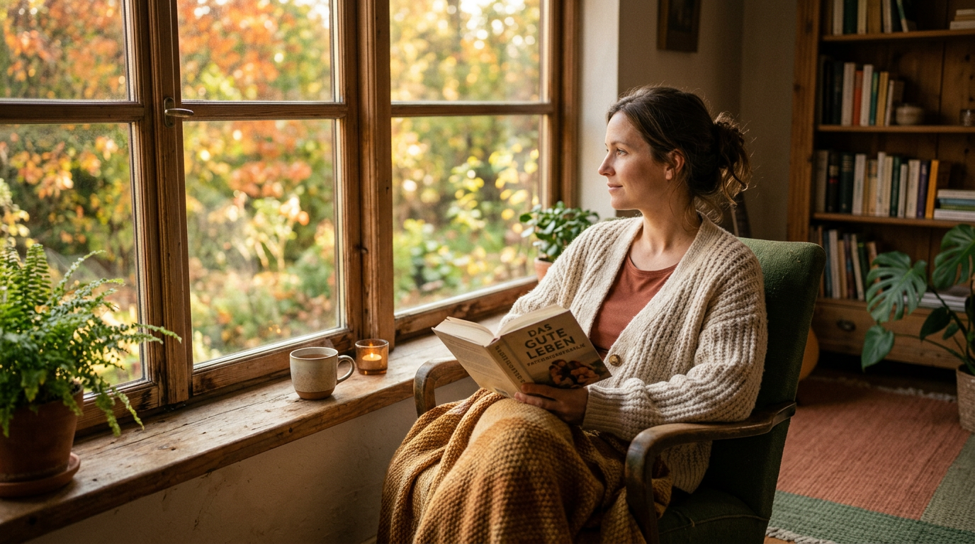 Frau steht nachdenklich am Fenster während im Hintergrund eine Familie zusammen spielt