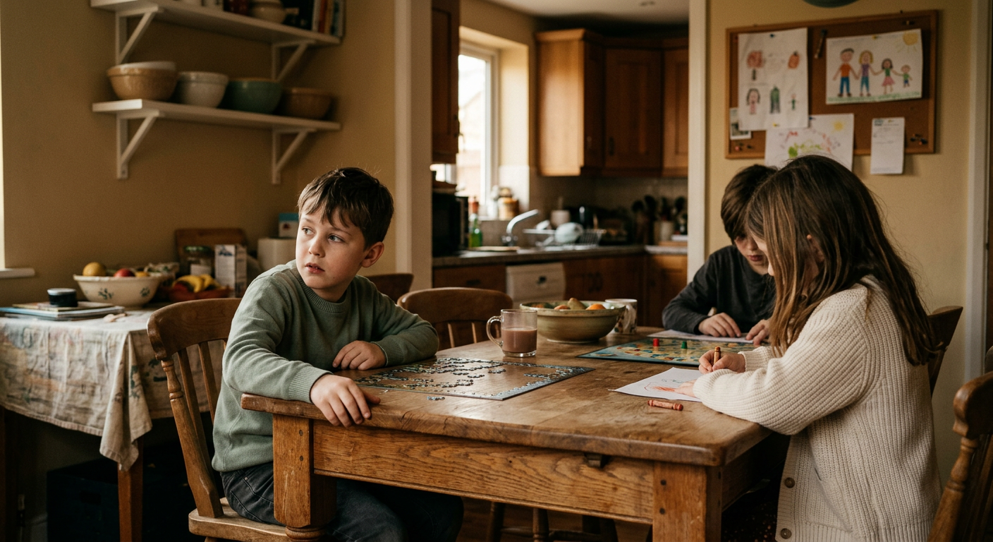 Kinder sitzen zusammen am Tisch, ein Kind schaut unsicher zur Seite — Konflikte zwischen Bonus- und eigenen Kindern