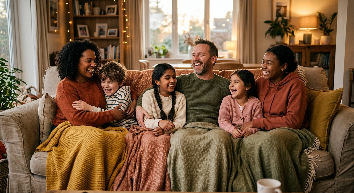 Familie sitzt gemeinsam auf dem Sofa und lacht zusammen — Harmonie in der Patchworkfamilie finden