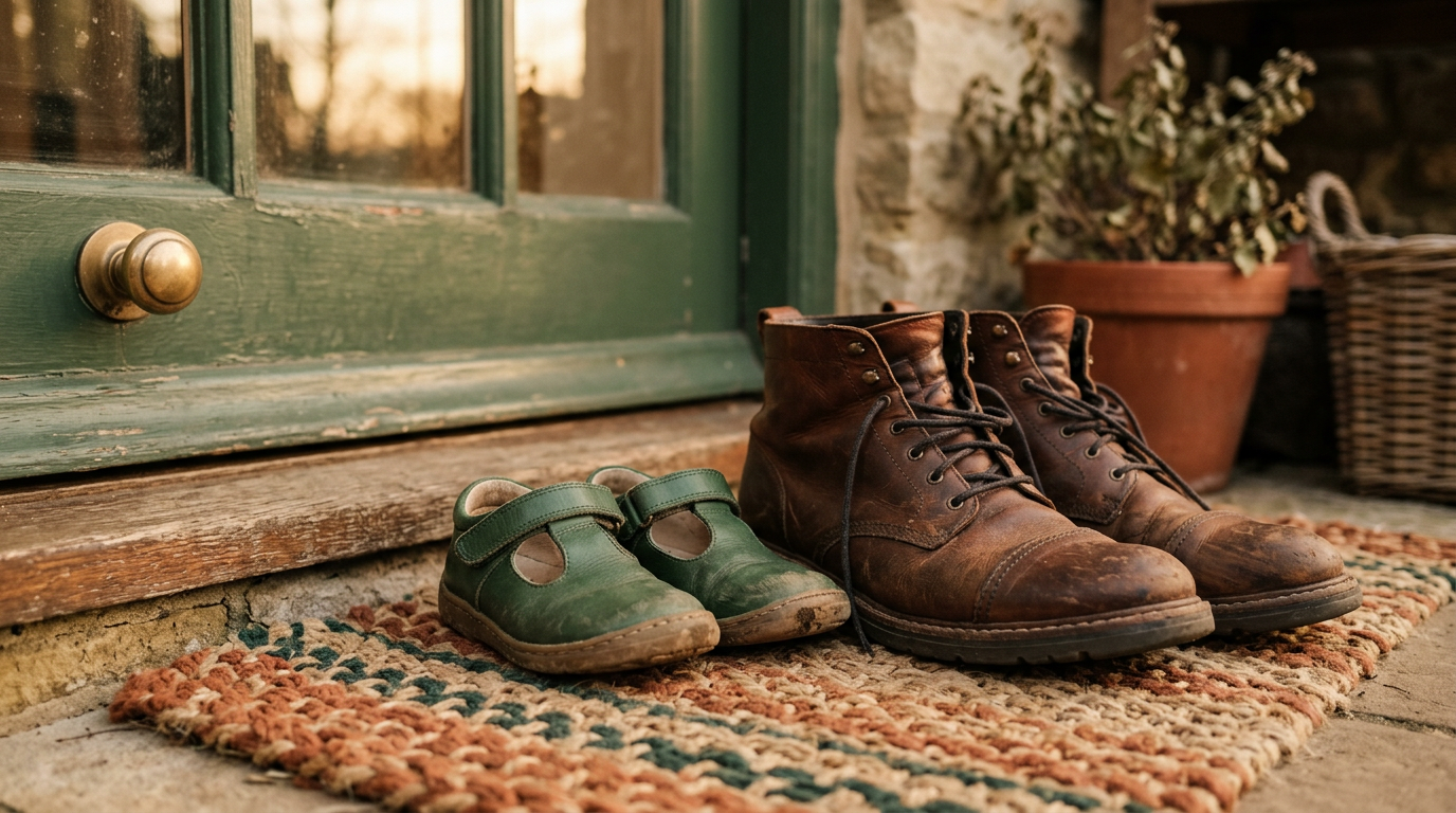 Zwei Hände halten ein kleines Holzhaus in warmem Licht, umgeben von Herbstlaub