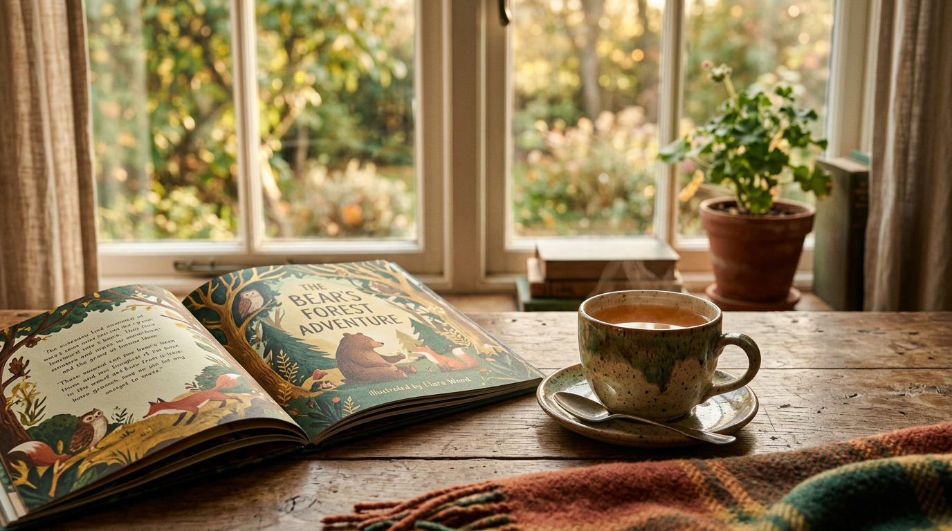 Familie spaziert auf einem Waldweg im Herbst, warmes Licht fällt durch die Baumkronen