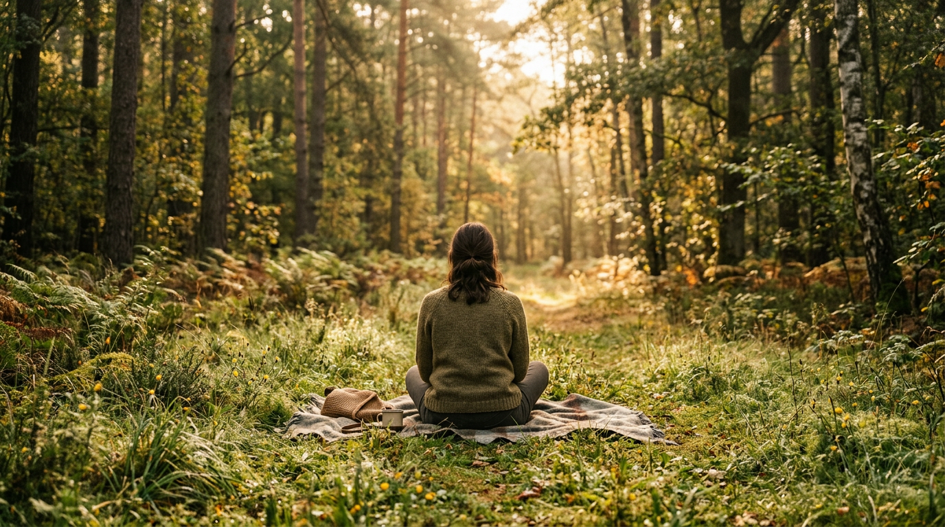 Nachdenkliche Frau sitzt allein auf einer Holzbank im herbstlichen Wald