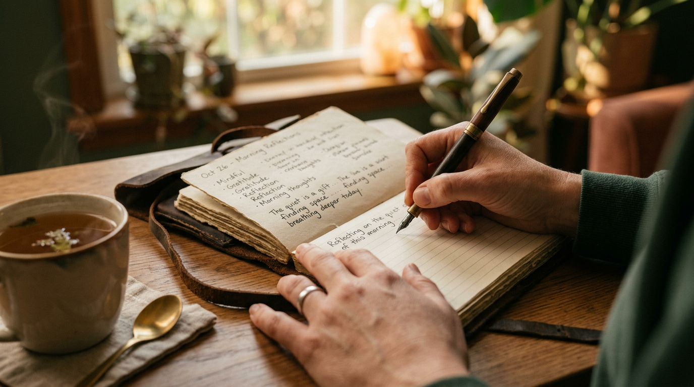 Zwei Hände halten eine Tasse Tee auf einer Holzveranda mit Blick in einen herbstlichen Garten