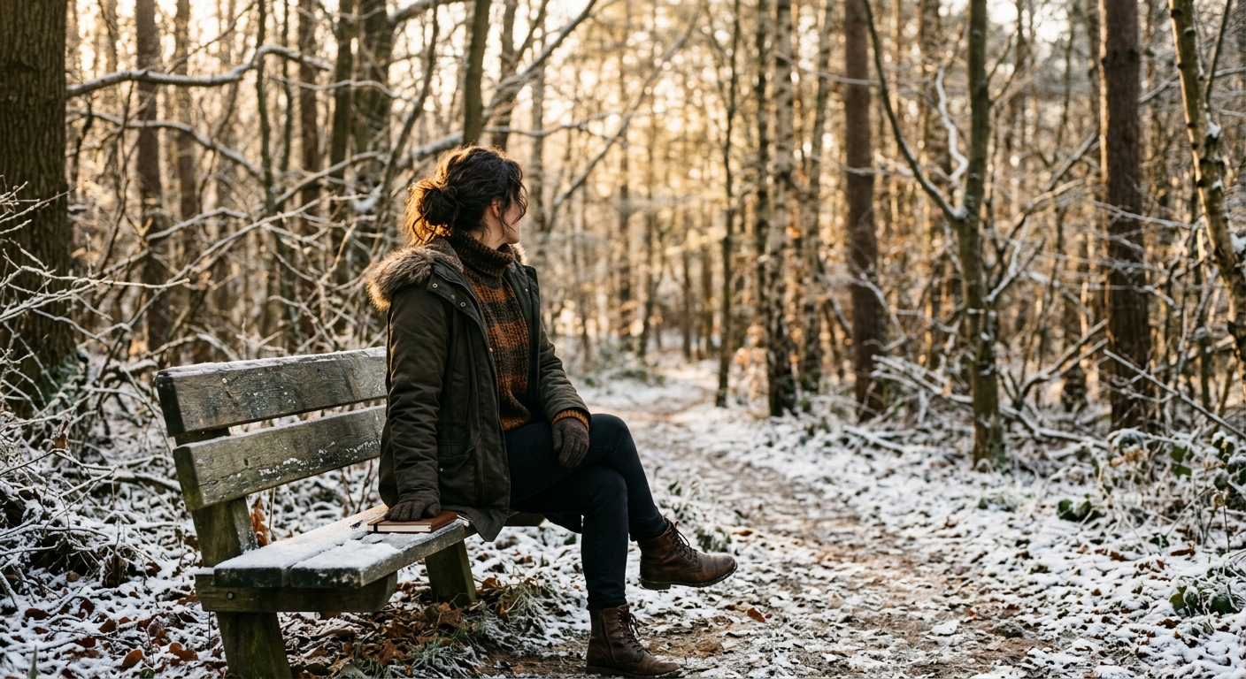 Frau sitzt auf einer Bank im winterlichen Wald und blickt nachdenklich zurück — Jahresrückblick als Bonusmama