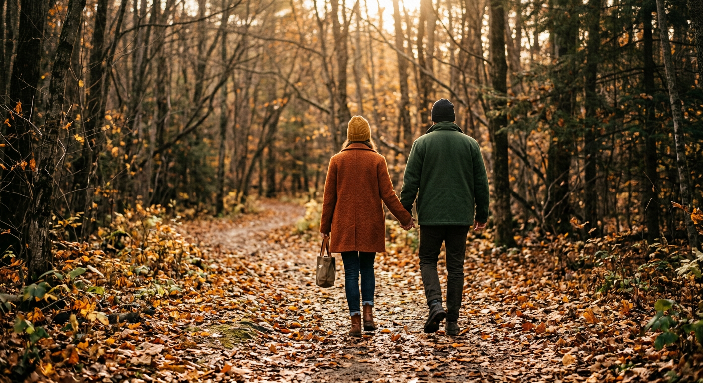 Paar geht Hand in Hand einen Waldweg entlang im späten Herbstlicht — Hoffnung und Zusammenhalt