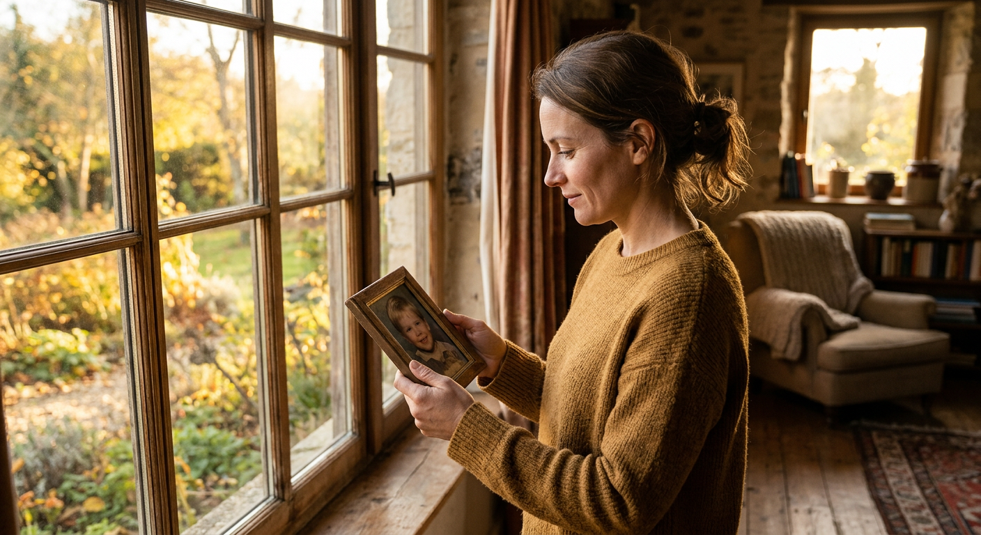 Frau schaut auf ein gerahmtes Foto eines Kindes, warmes Nachmittagslicht am Fenster