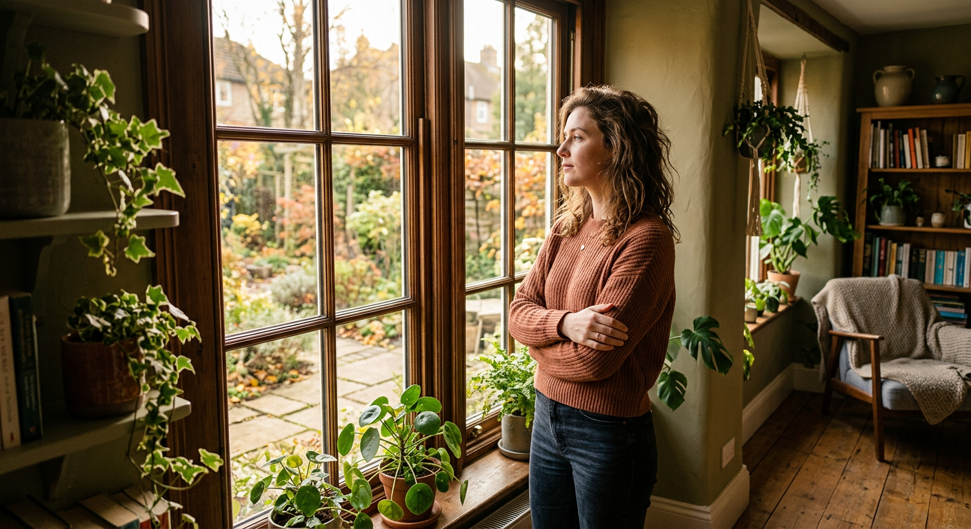 Frau steht nachdenklich am Fenster und reflektiert über ihre Rolle als Bonusmama ohne eigene Kinder
