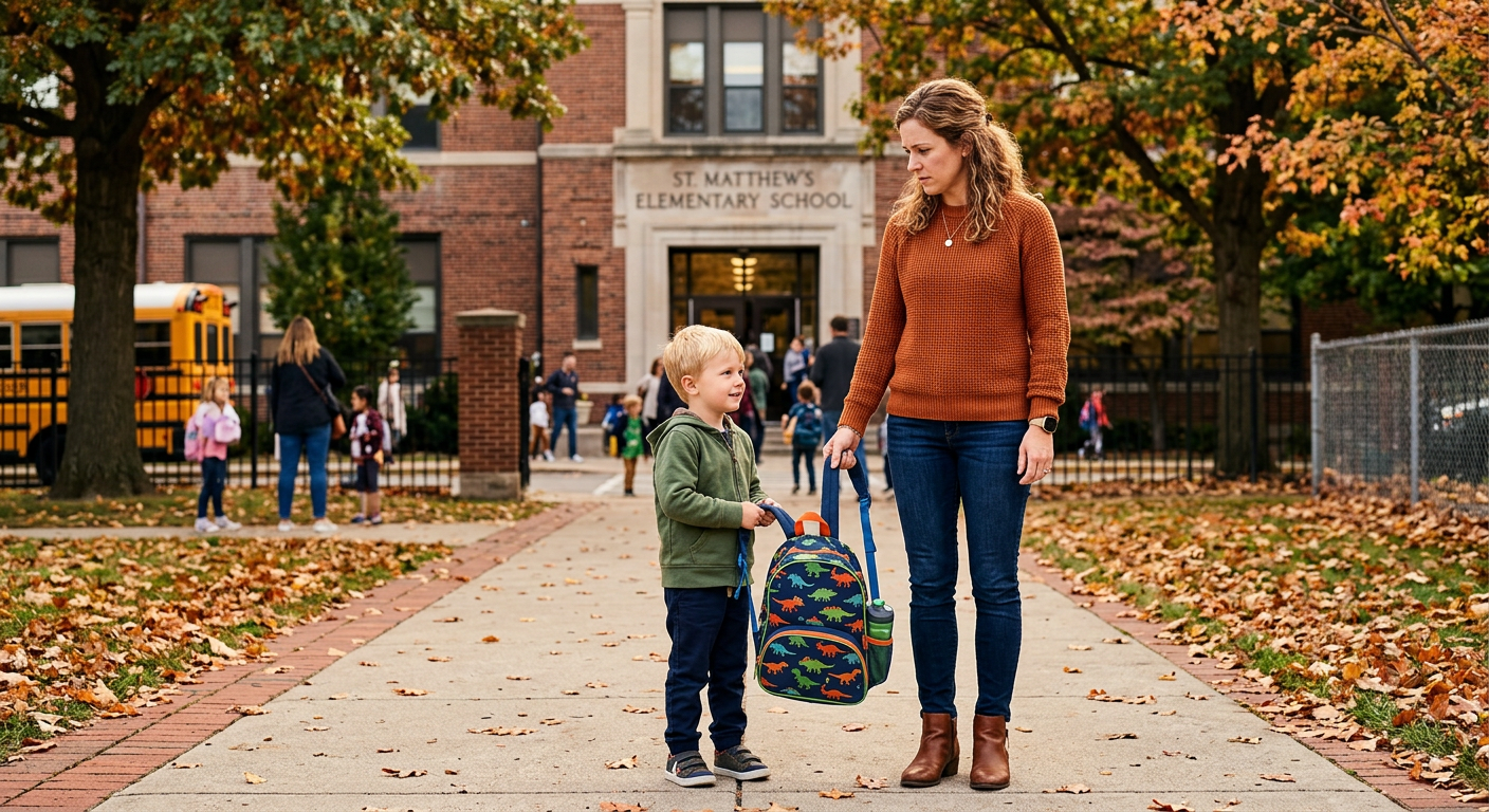 Frau steht vor einer Schule und hält den Schulranzenriemen eines Kindes, entschlossener Blick