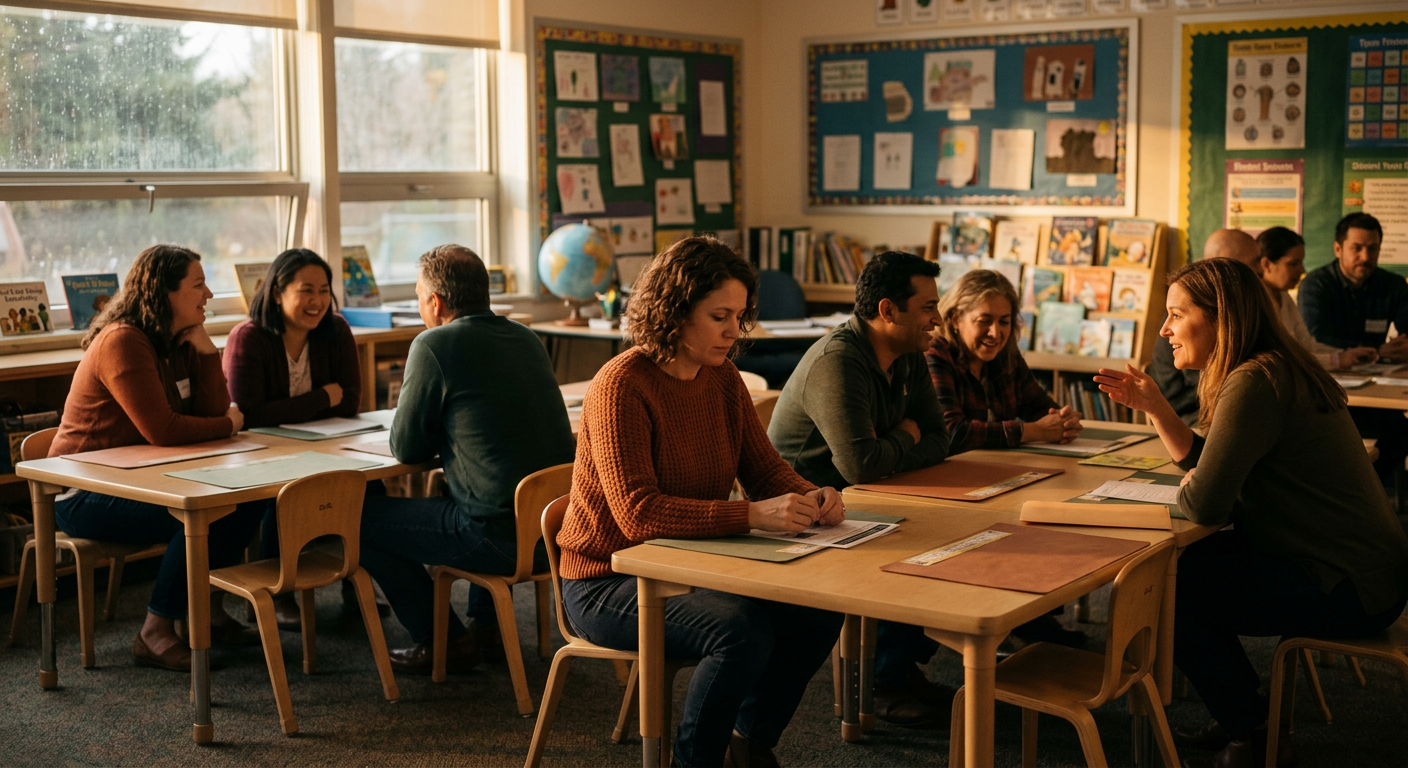 Elternabend im Klassenzimmer, Frau sitzt etwas abseits unter anderen Eltern