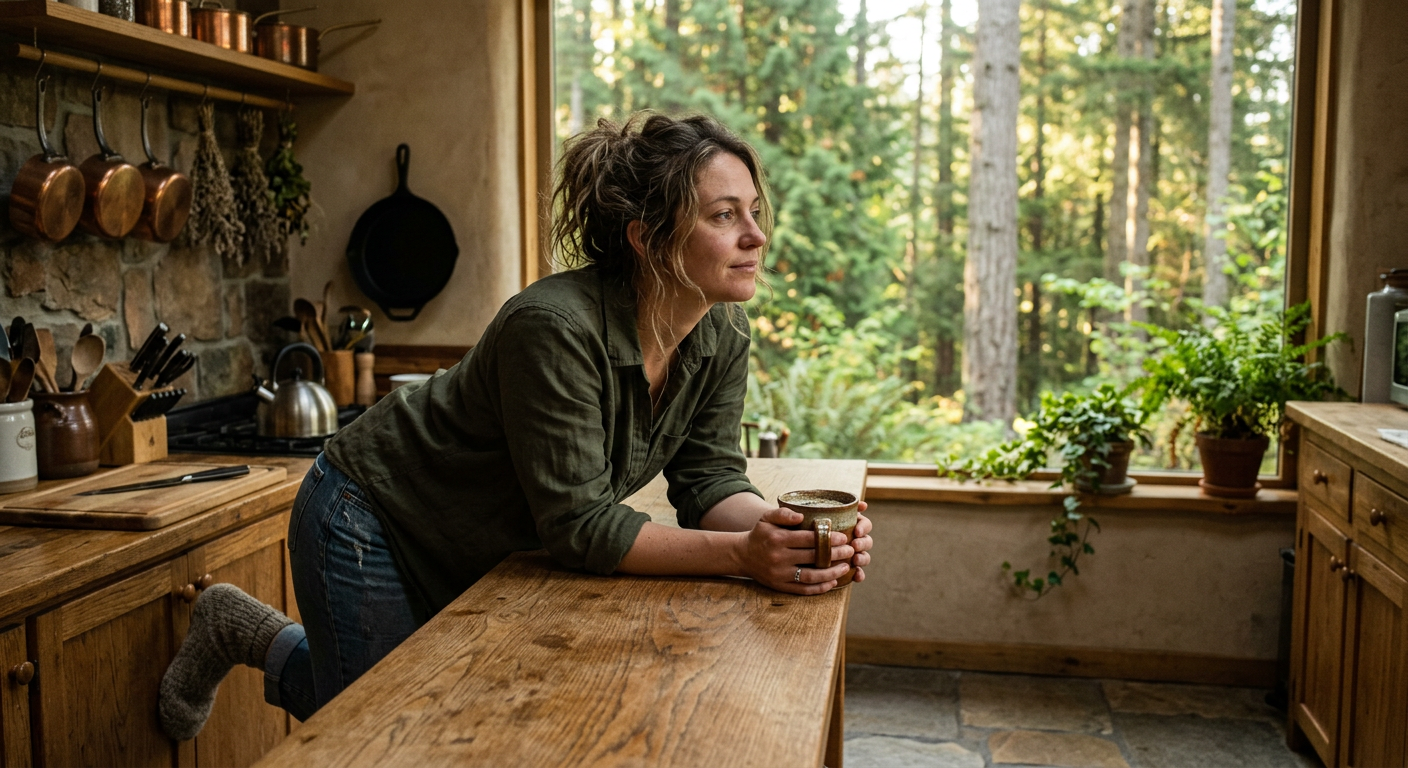 Erschöpfte Bonusmama lehnt an der Küchentheke mit einer Tasse Kaffee
