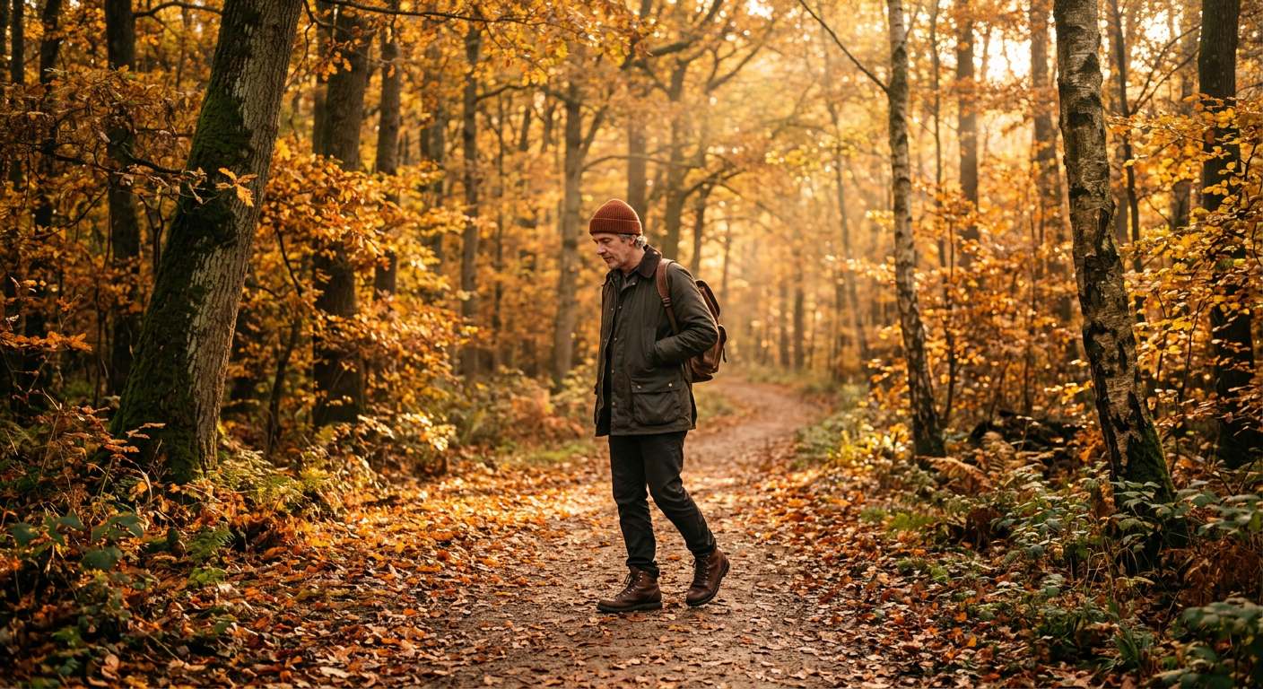 Mann geht allein durch einen herbstlichen Waldweg im goldenen Licht