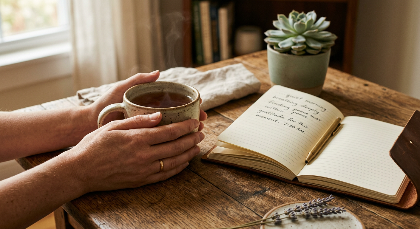 Hände halten eine warme Tasse Tee neben einem offenen Journal auf einem Holztisch