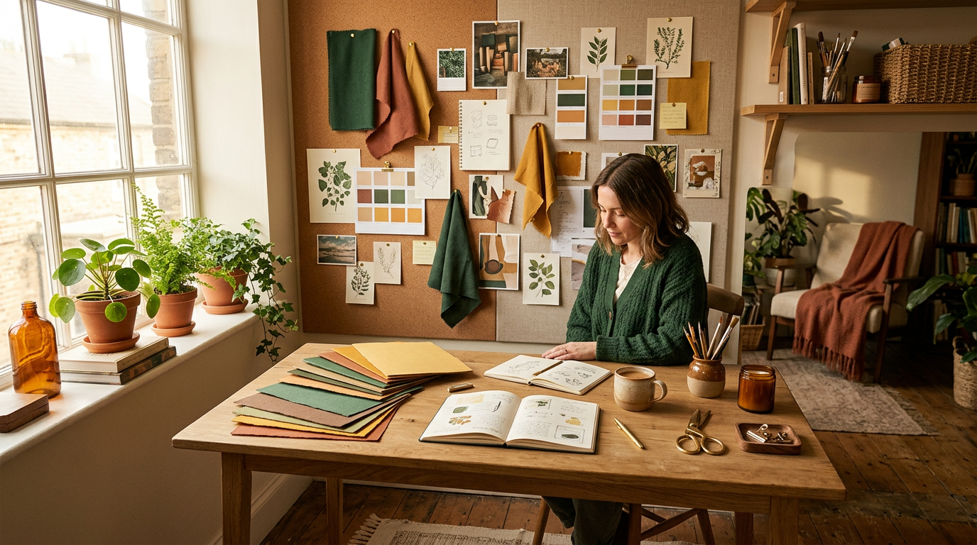 Patchworkfamilie in warmem Licht auf einer Waldlichtung, erdige Farben, fotografisch