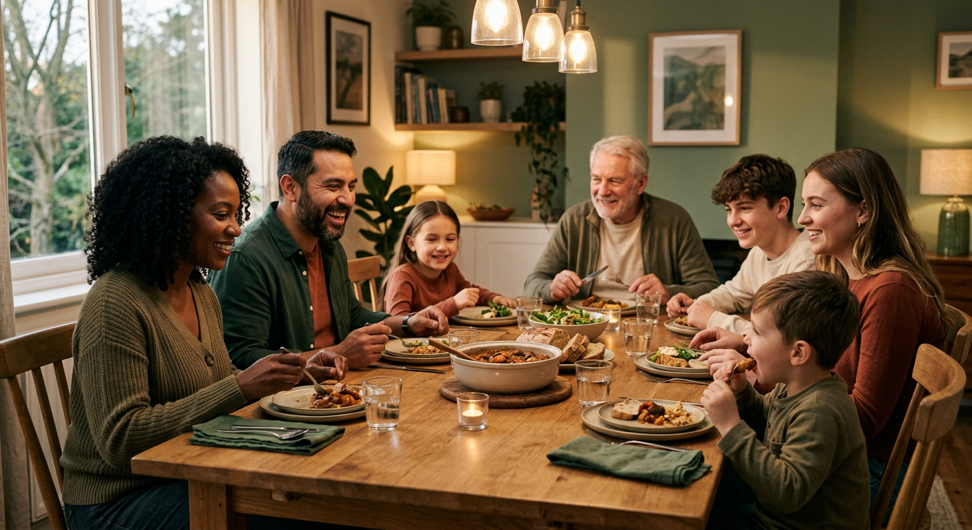 Patchworkfamilie am Esstisch in warmem Licht, natürliche Erdtöne
