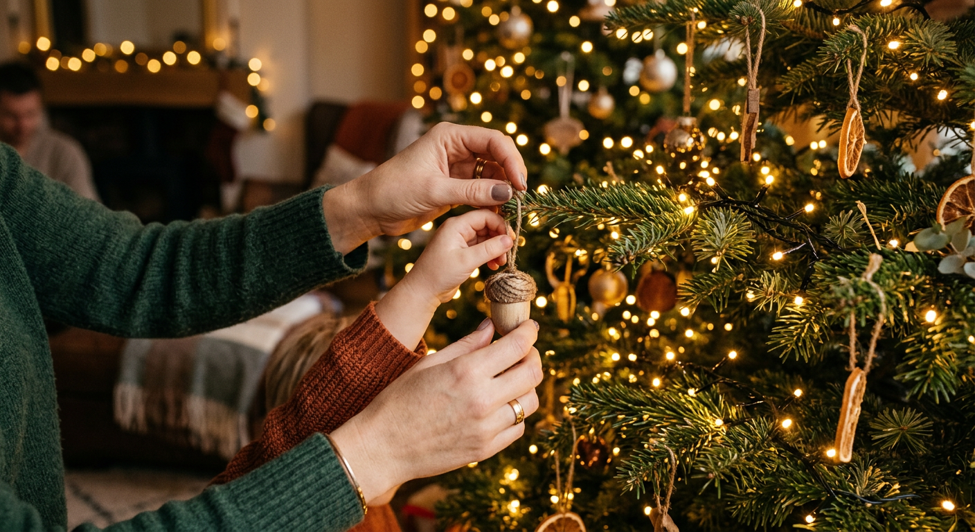 Bonusmama sitzt nachdenklich am Fenster, warmes Abendlicht, Waldblick