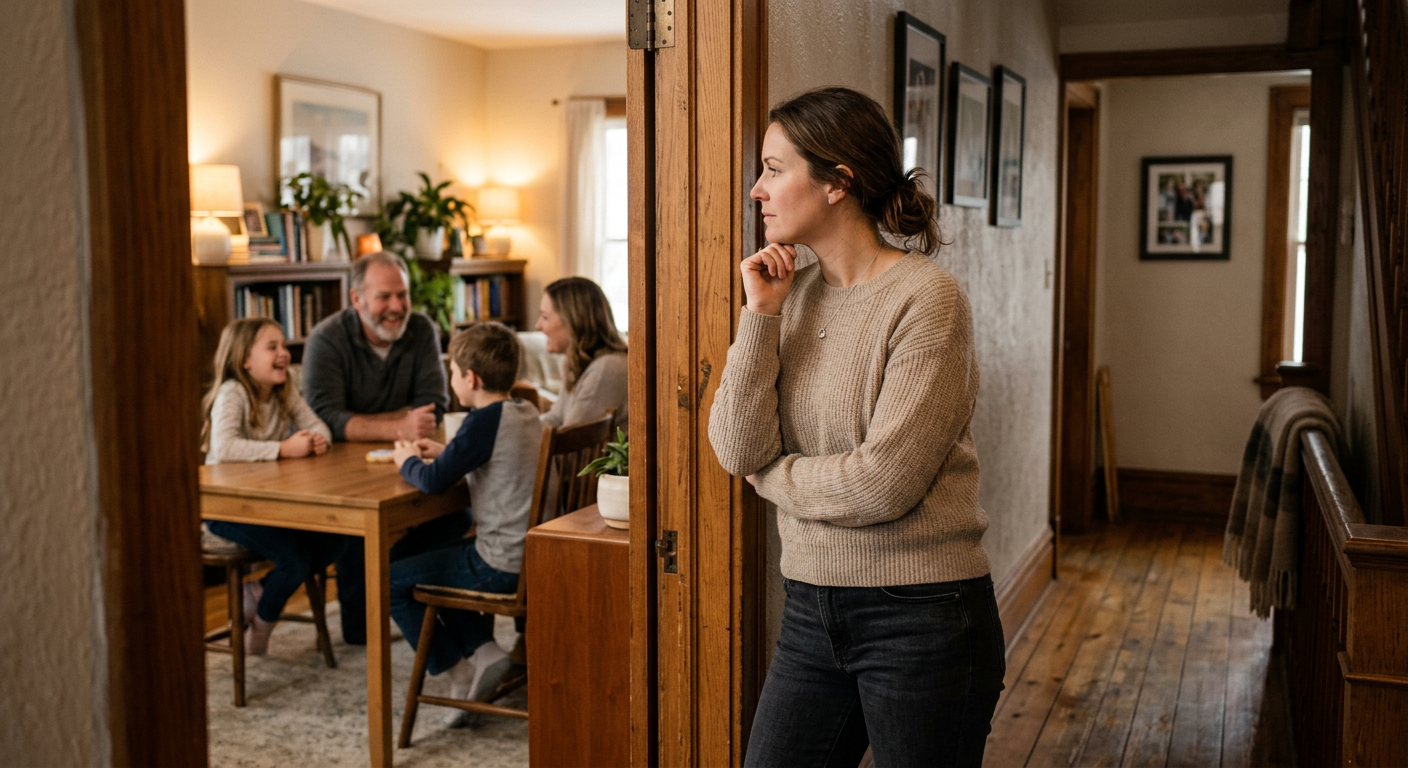 Frau steht nachdenklich im Flur und beobachtet eine Familiensituation — Einmischen oder loslassen als Stiefmutter