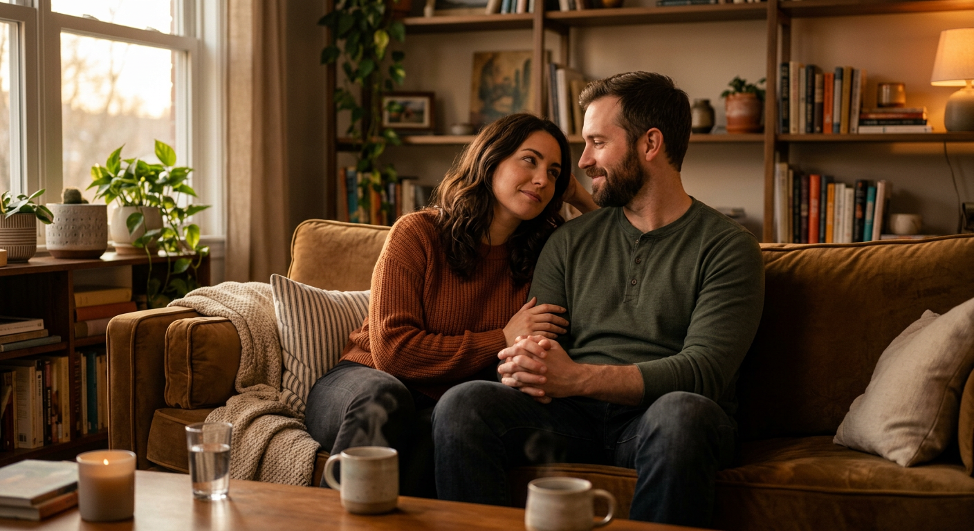 Paar sitzt gemeinsam auf der Couch und führt ein ruhiges Gespräch nach einem Konflikt