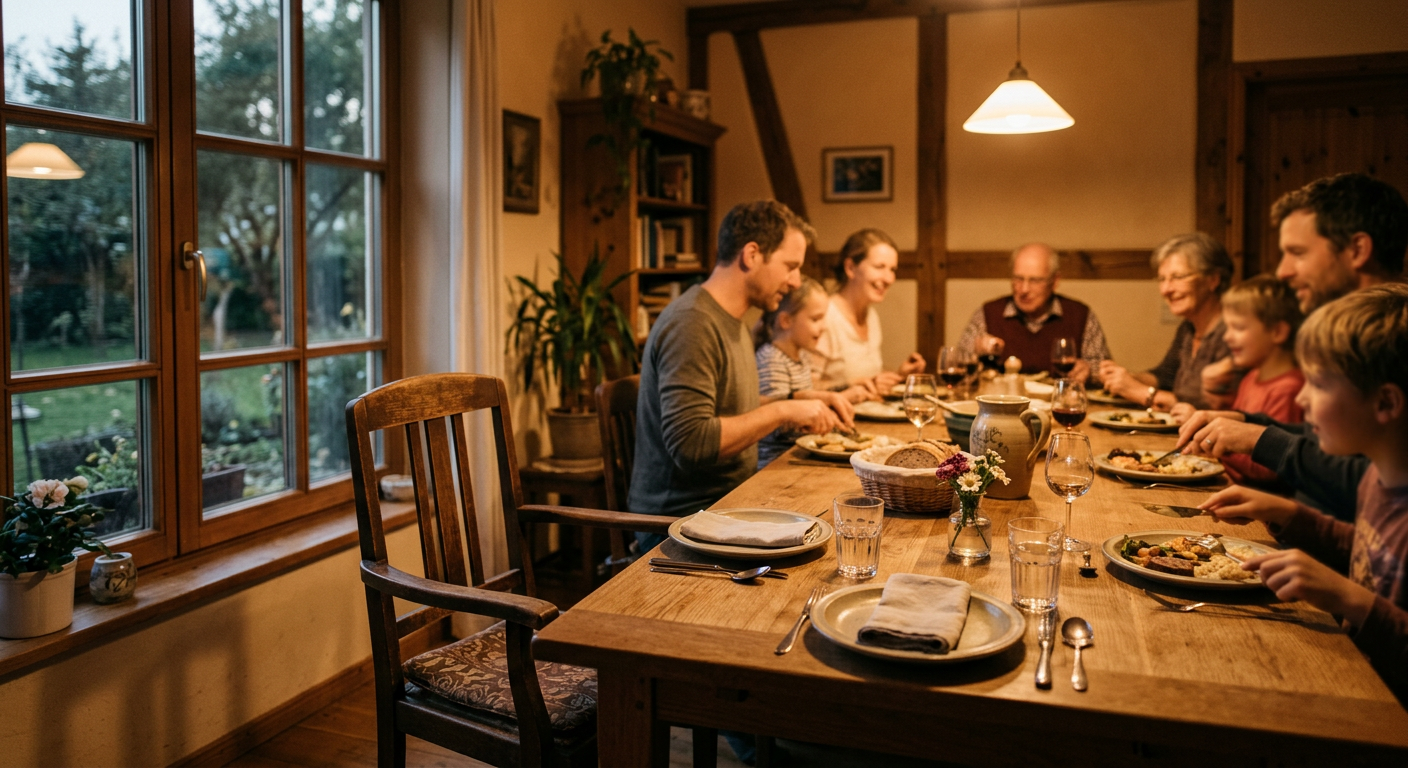 Leerer Stuhl am Esstisch einer Patchworkfamilie — Symbol für Eltern-Kind-Entfremdung