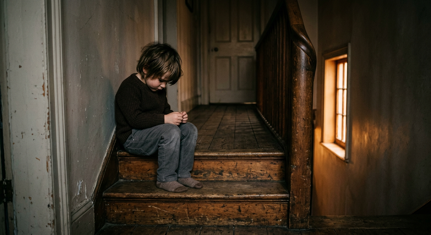 Kind sitzt allein auf einer Treppe und blickt nachdenklich nach unten