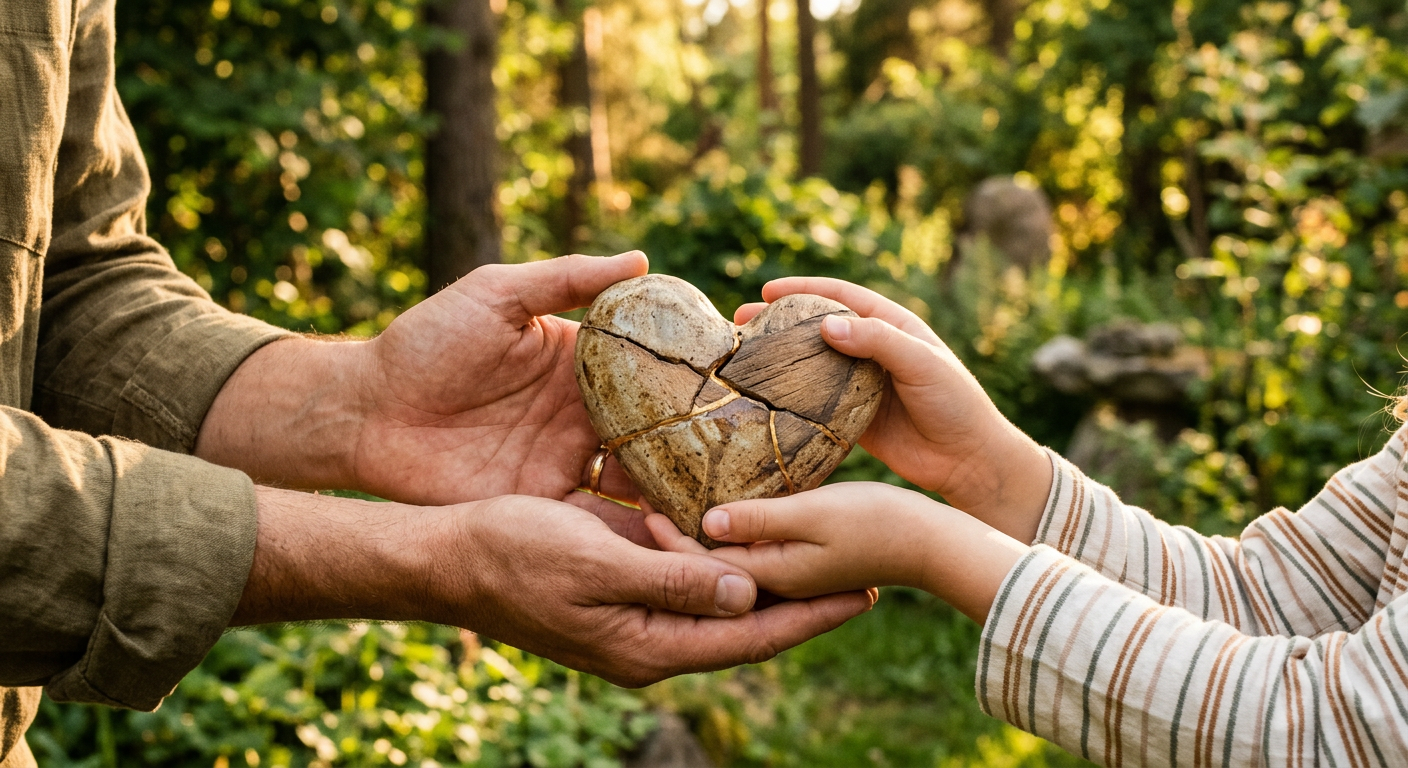 Zwei Hände halten behutsam ein zerbrochenes Herz zusammen — Symbol für Heilung in der Patchworkfamilie