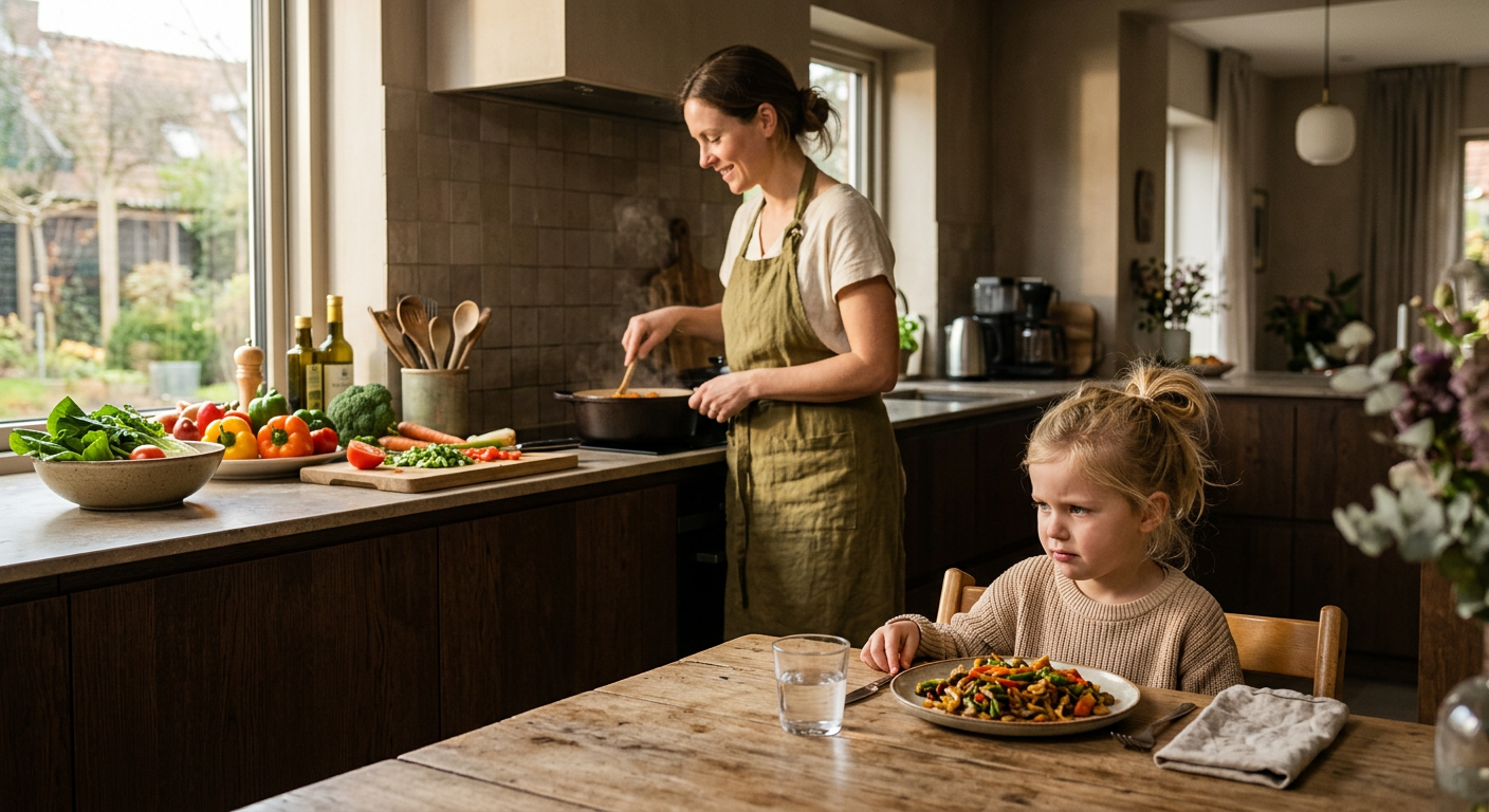 Bonusmama kocht in der Küche, während ein Kind am Tisch skeptisch auf den Teller schaut