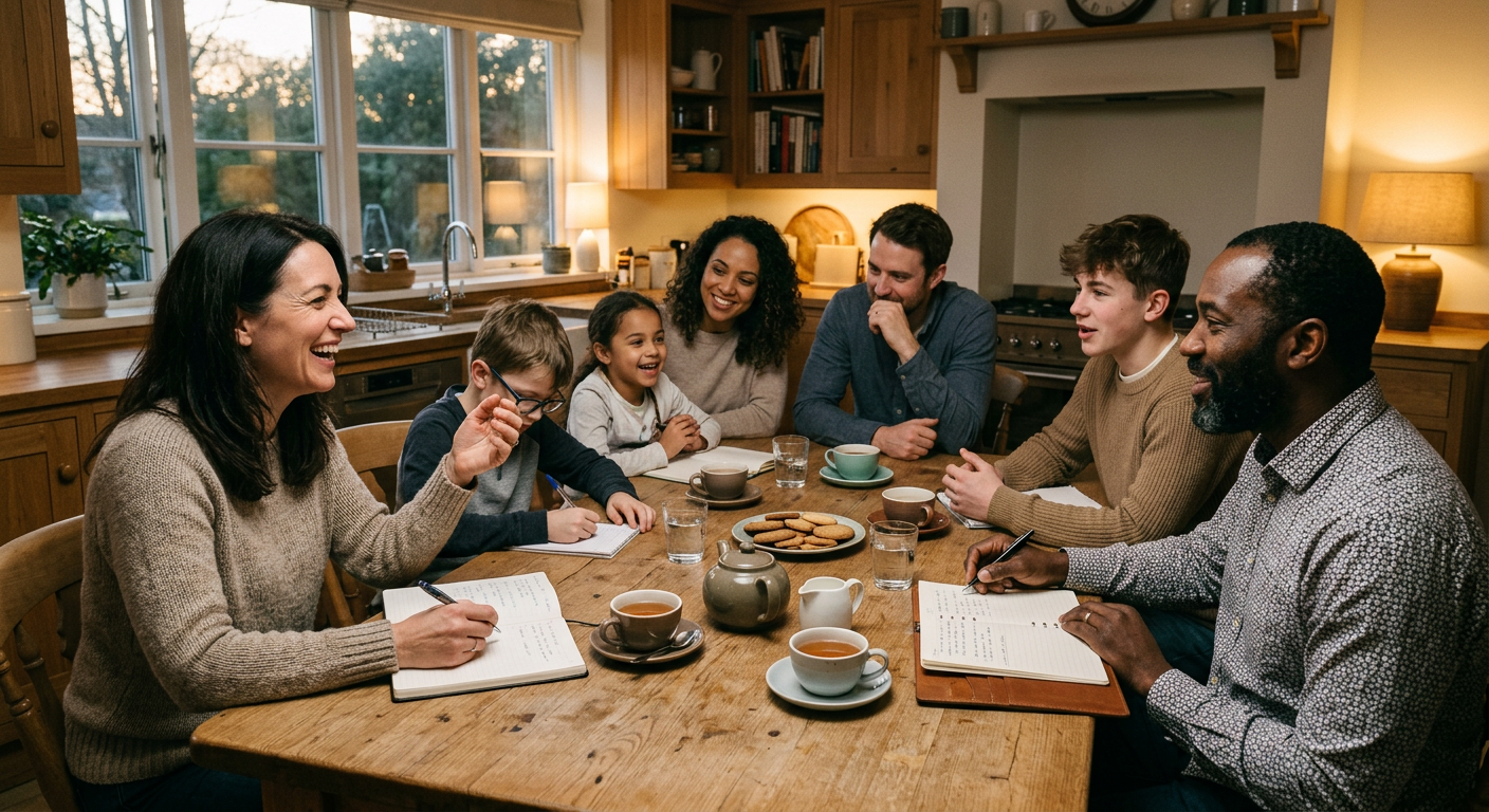 Familie sitzt gemeinsam am Küchentisch und bespricht etwas, warmes Abendlicht, Notizbücher und Teetassen