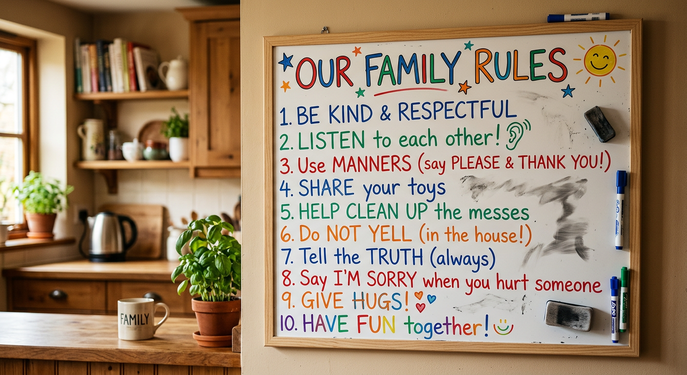 Flipchart mit bunten Familienregeln, Kinder- und Erwachsenenhandschrift gemischt