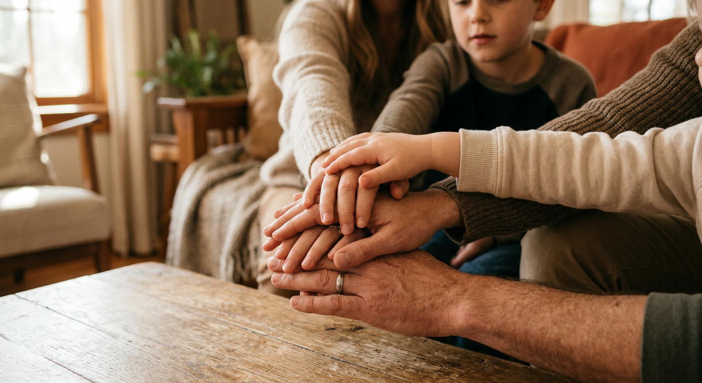 Familienhände übereinander gestapelt als Team-Geste