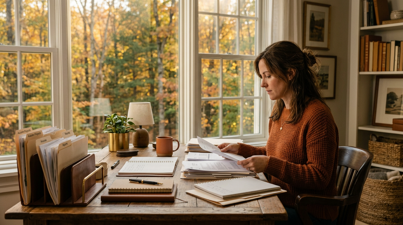 Bonusmama sitzt nachdenklich am Küchentisch mit Unterlagen und Laptop