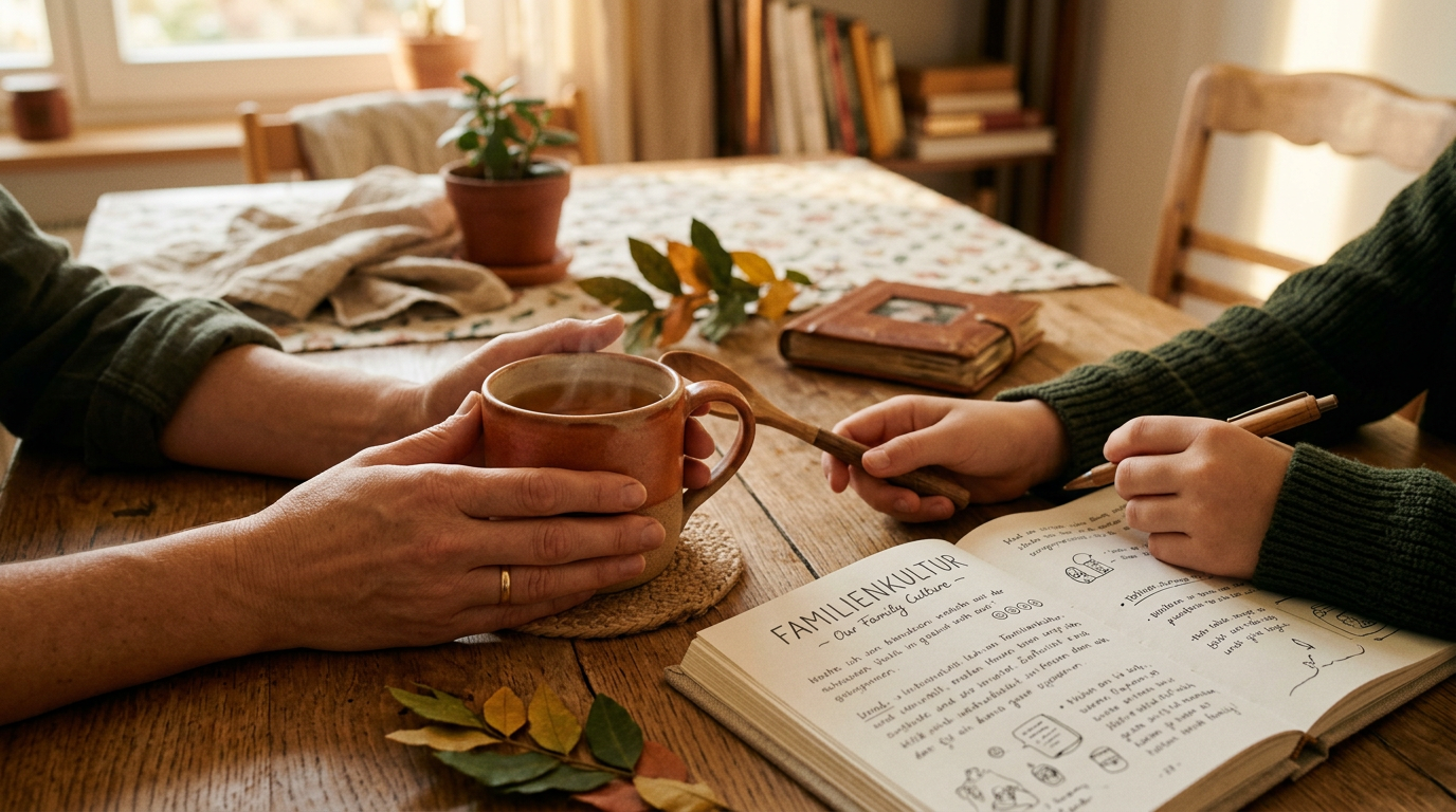 Patchworkfamilie sitzt gemeinsam am Tisch und entwickelt neue Rituale