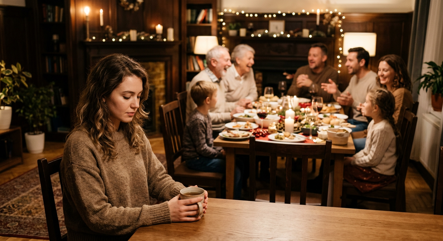 Frau sitzt nachdenklich am Rand einer Familienfeier, während andere sich unterhalten