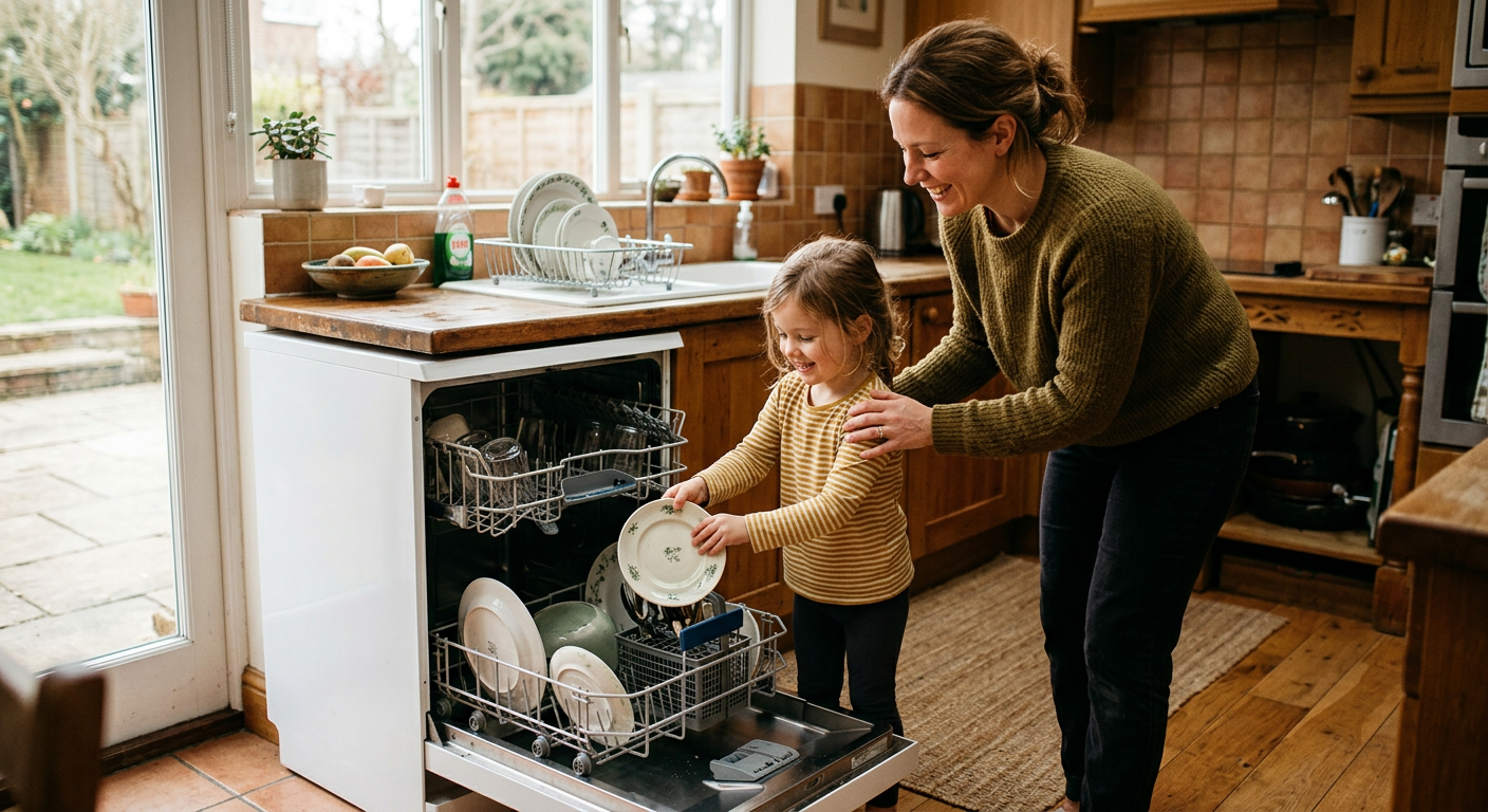 Kind stellt Teller in die Spülmaschine, Bonusmama steht daneben und lächelt ermutigend