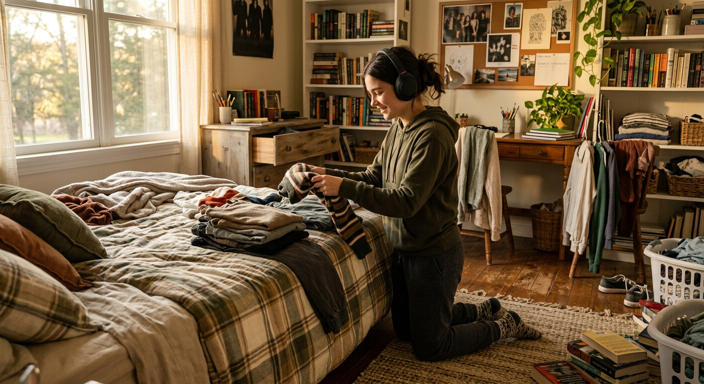 Teenager räumt sein Zimmer auf, Kopfhörer auf, entspannte Atmosphäre