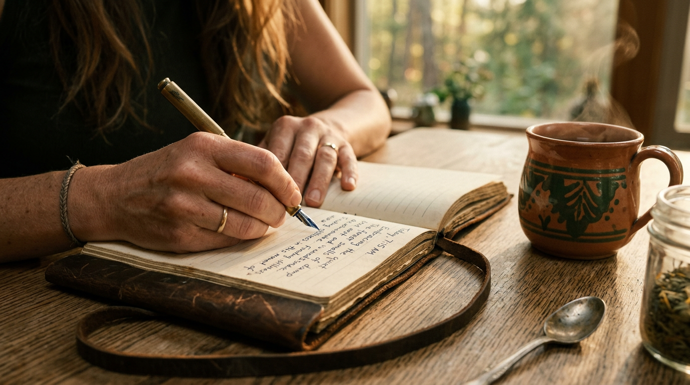 Sonnenlicht fällt durch Bäume auf einen ruhigen Waldweg — innerer Frieden und Hoffnung