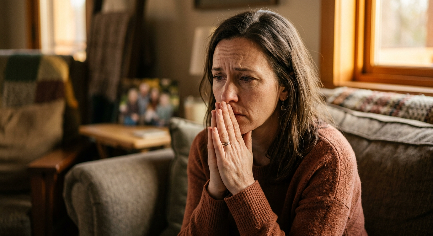 Nachdenkliche Frau auf dem Sofa, die über ihre Familiensituation grübelt