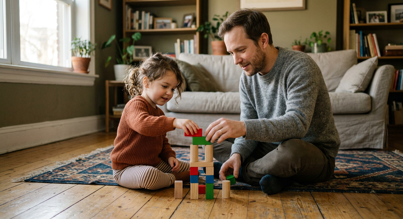 Mann und Kind spielen vorsichtig mit Holzklötzen auf dem Boden, erste Annäherung